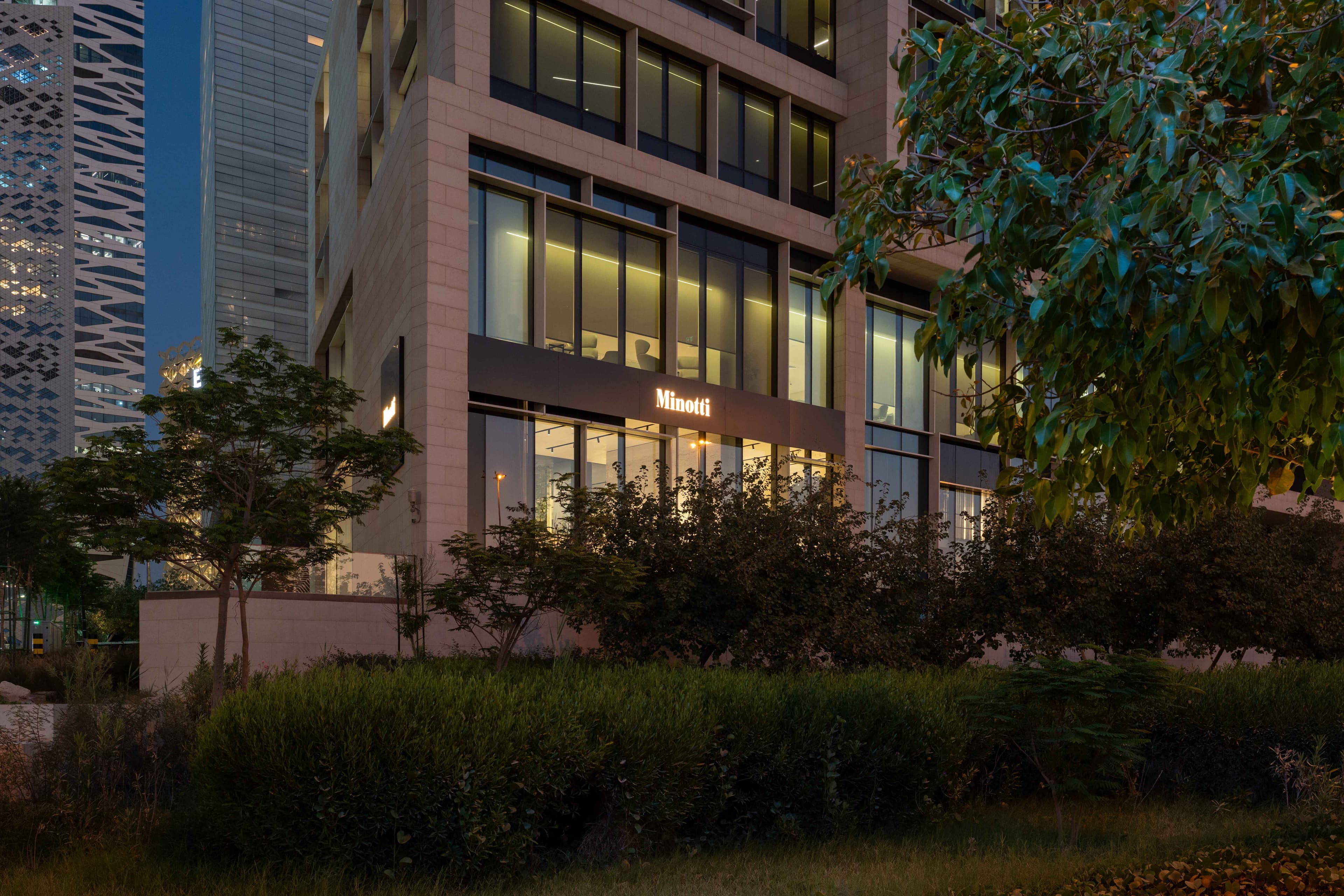 Minotti Riyadh flagship store exterior at dusk